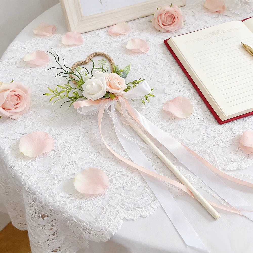 Wedding Flower Girl Wand, Floral Girl Wand Fairy Wand with Ribbon Flower for Wedding, Bridal Shower and Engagement Photo Shoot 
