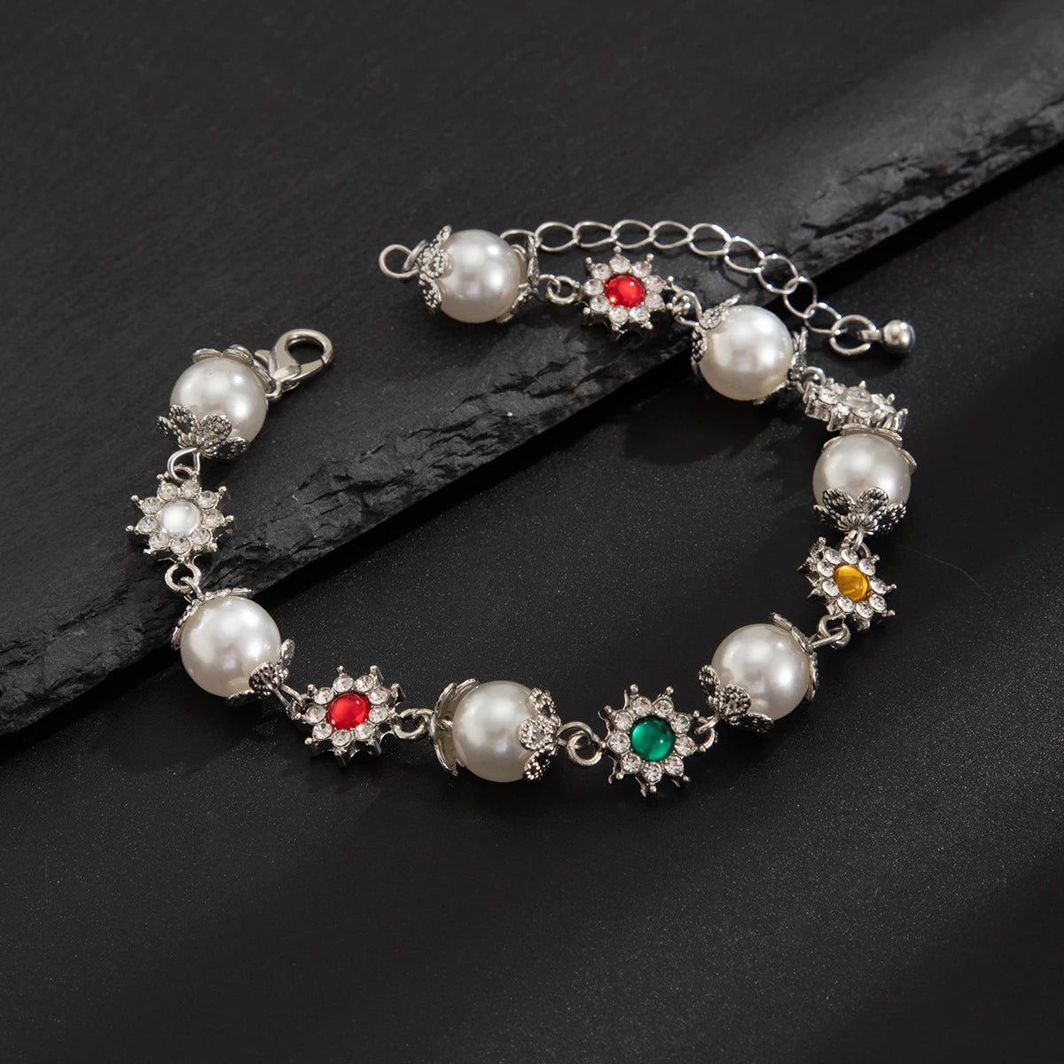 KunJoe Creative Shining Inlaid Rhinestones Imitation Pearl Bracelet for Men Fashion Statement Hand Bracelet Male Street Jewelry