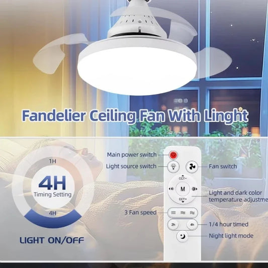 Ceiling Fan With Lighting And Remote Control, Hidden Retractable Blades, Quiet Fan Light, 3 Speeds And Dimmable,white