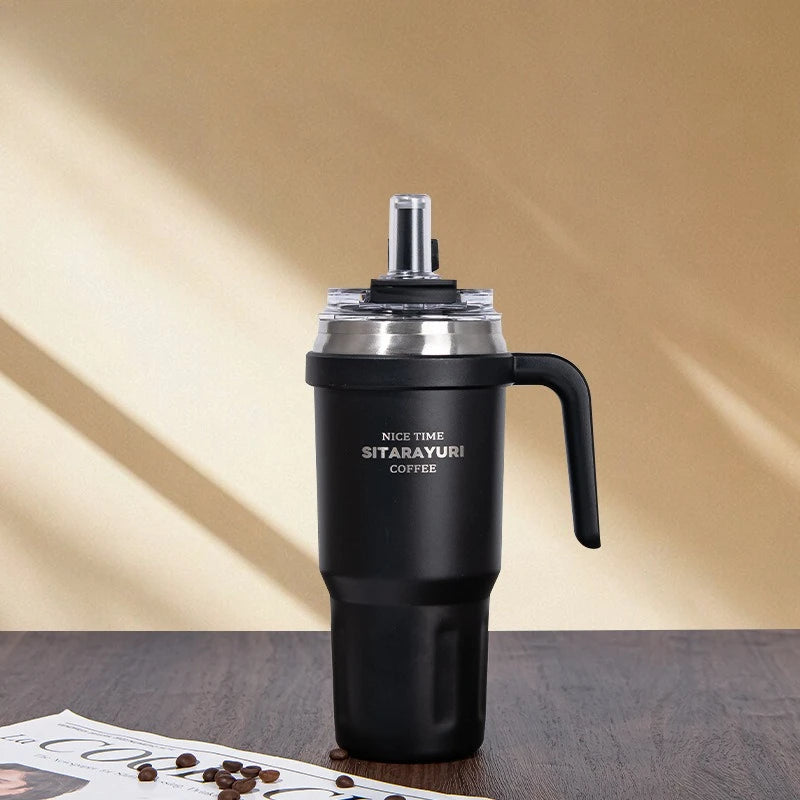 Large Capacity Insulated Straw Water Bottle for Students Summer, Cold & Hot Retention Tumbler with Handle, Leak-Proof Portable