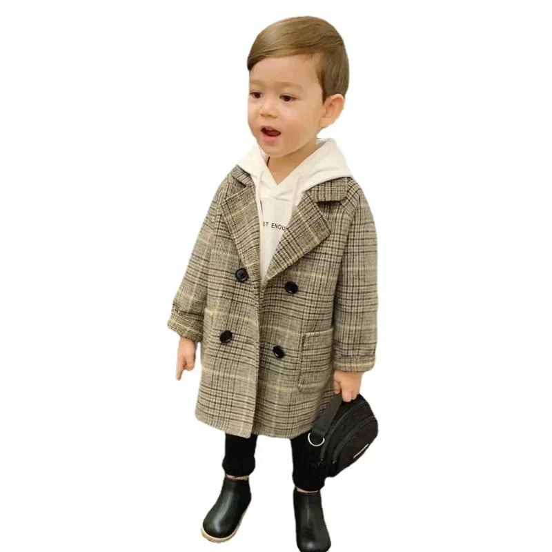 New Winter Grid Jackets Boys Girl Woolen Double-breasted Baby Boy Trench Coat Lapel Autumn Kids Outerwear Coats Wool Overcoat