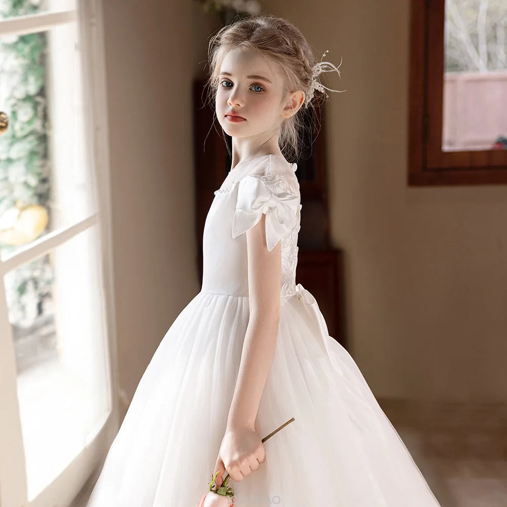 Wed Dress 2025 White Teen Girls Wedding Dress Tulle Ball Gown Big Bow Bridesmaid Dresses Formal Evening Gown Party Wear Costume