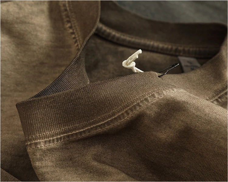100% cotton made old wash short sleeve T-shirt men's round neck loose drop rotator sleeve solid color half sleeve T