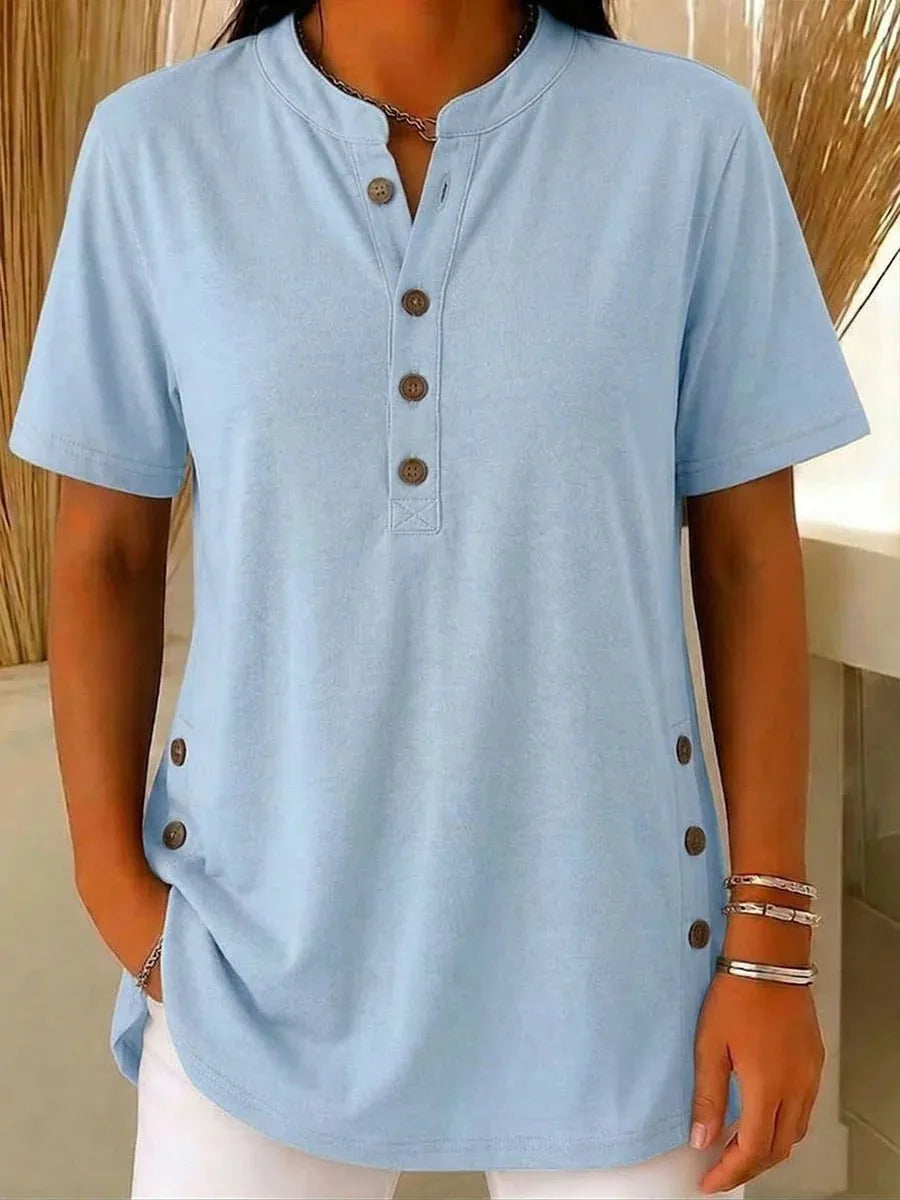 Summer Short Sleeve Loose Tops For Women Summer 2026 Fashion Solid Color V-neck Button T-shirts Tees Casual