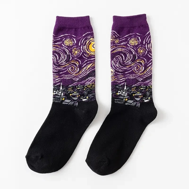 1 Pair Women Retro Abstract Oil Painting Art Sock Shout Modern Van Gogh Starry Night Happy Oil Painting Comfort Skateboard Socks