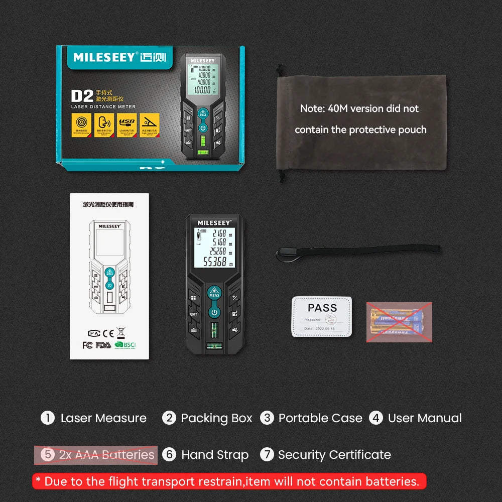 Mileseey D2 Laser Distance Meter,40m/120m Rangefinder,Rechargeable Angle Optional, Ft/M Unit, With Leveling Bubble Measure Tools