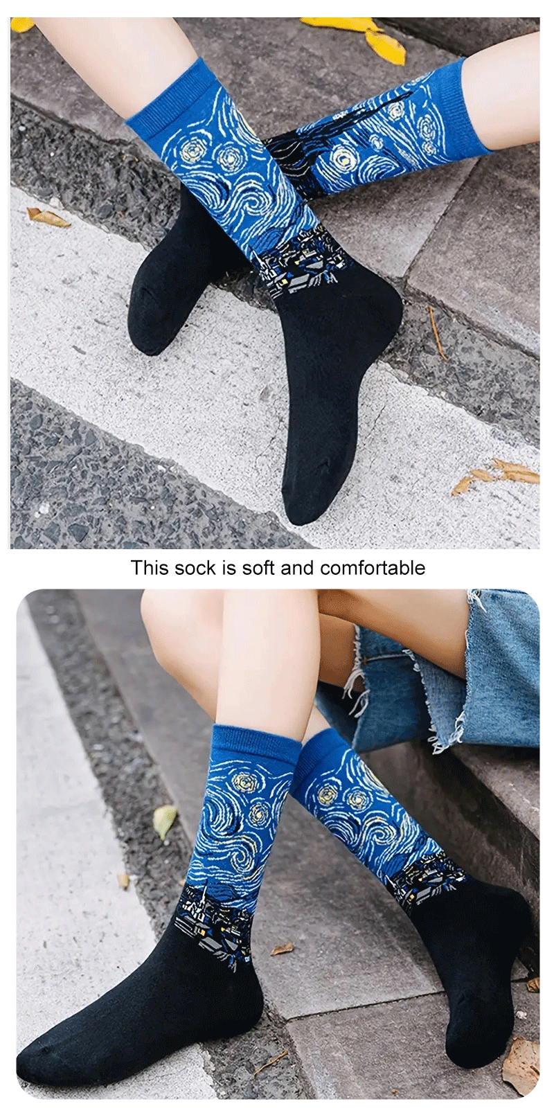 1 Pair Women Retro Abstract Oil Painting Art Sock Shout Modern Van Gogh Starry Night Happy Oil Painting Comfort Skateboard Socks
