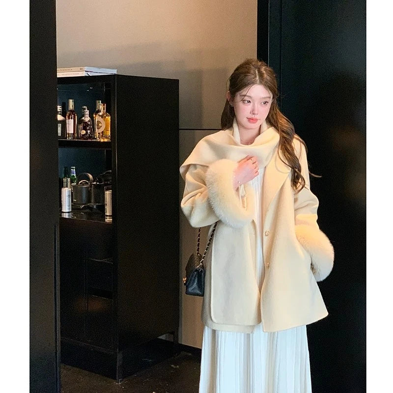 Women Double Faced Wool Coat with Real Fox Fur Sleeves 100 Wool Scarf Autumn Winter 2025 New Fashion Warm Elegant Trench Coat