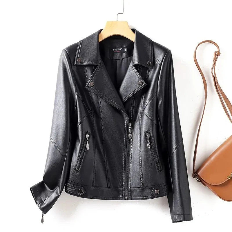 SpringAutumn 2025 New Sheep Leather Jacket Female Rivet Locomotive Slim Corium Leather Jacket Suit Collar Zipper Short Outwear
