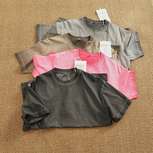 100% cotton made old wash short sleeve T-shirt men's round neck loose drop rotator sleeve solid color half sleeve T