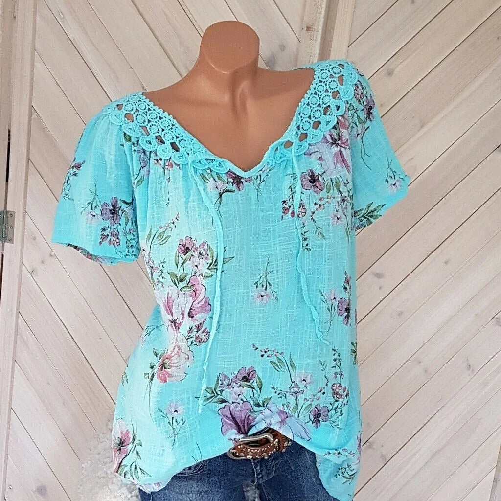 Women Summer Fashion Trendy Short Sleeve Lace Up Floral Print Blouses Tops T-Shirts Casual Summer Lace Stitching Shirts