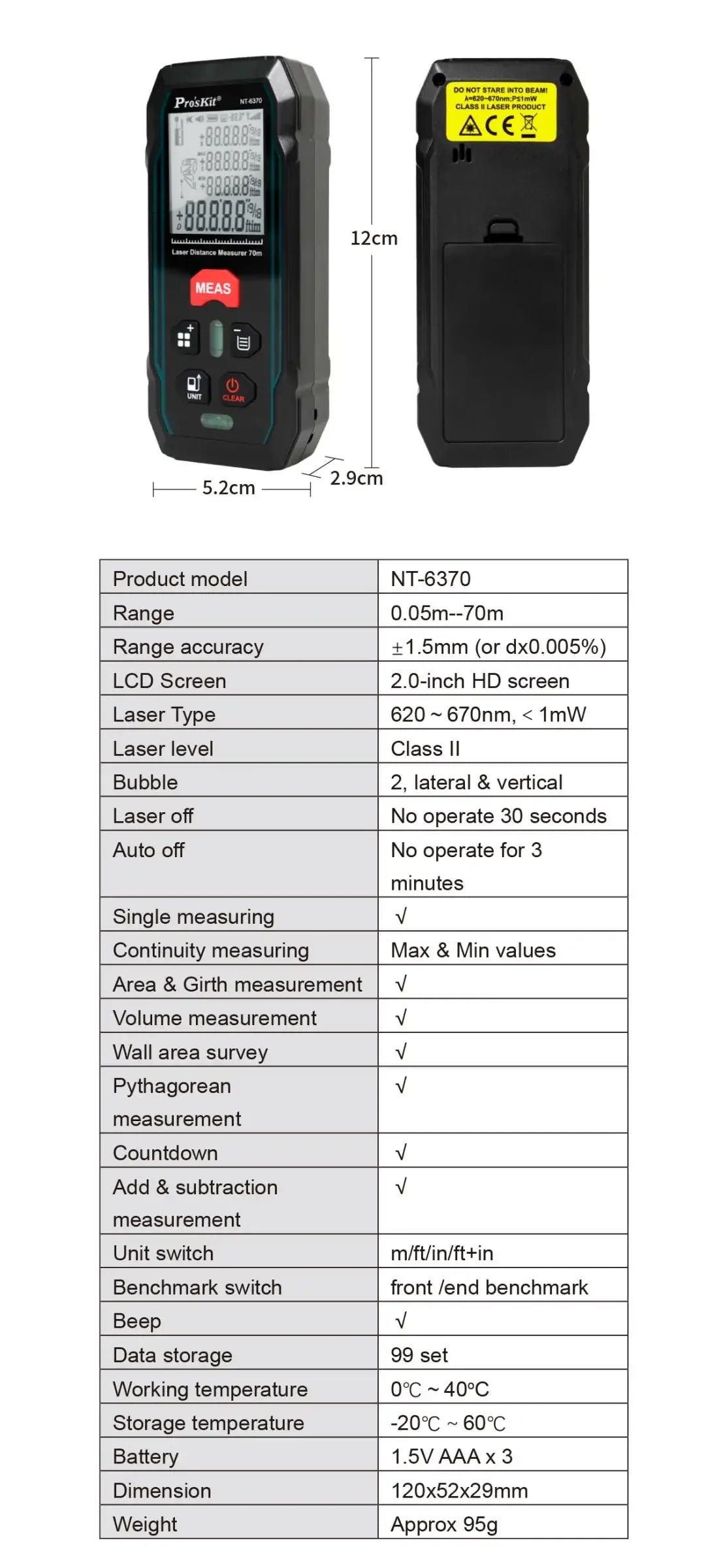 Pro'skit NT-6370 Laser Rangefinder 70M Handheld Laser Distance Meter Digital Range Finder Tape Measure 0.3 Second Flash Test
