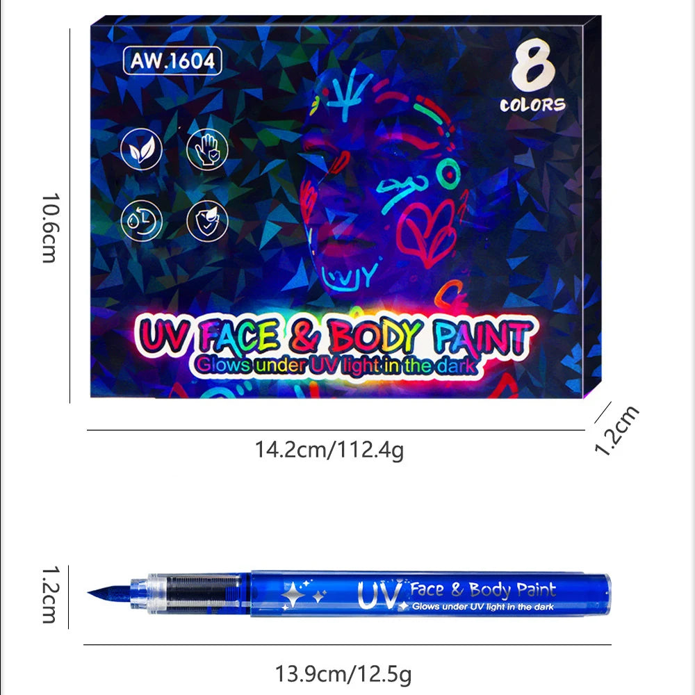 8 Glow in the Dark Body Paint UV Neon Face Paint Pens with 93 Tattoo Stencil Designs for Halloween Carnival Christmas Festival