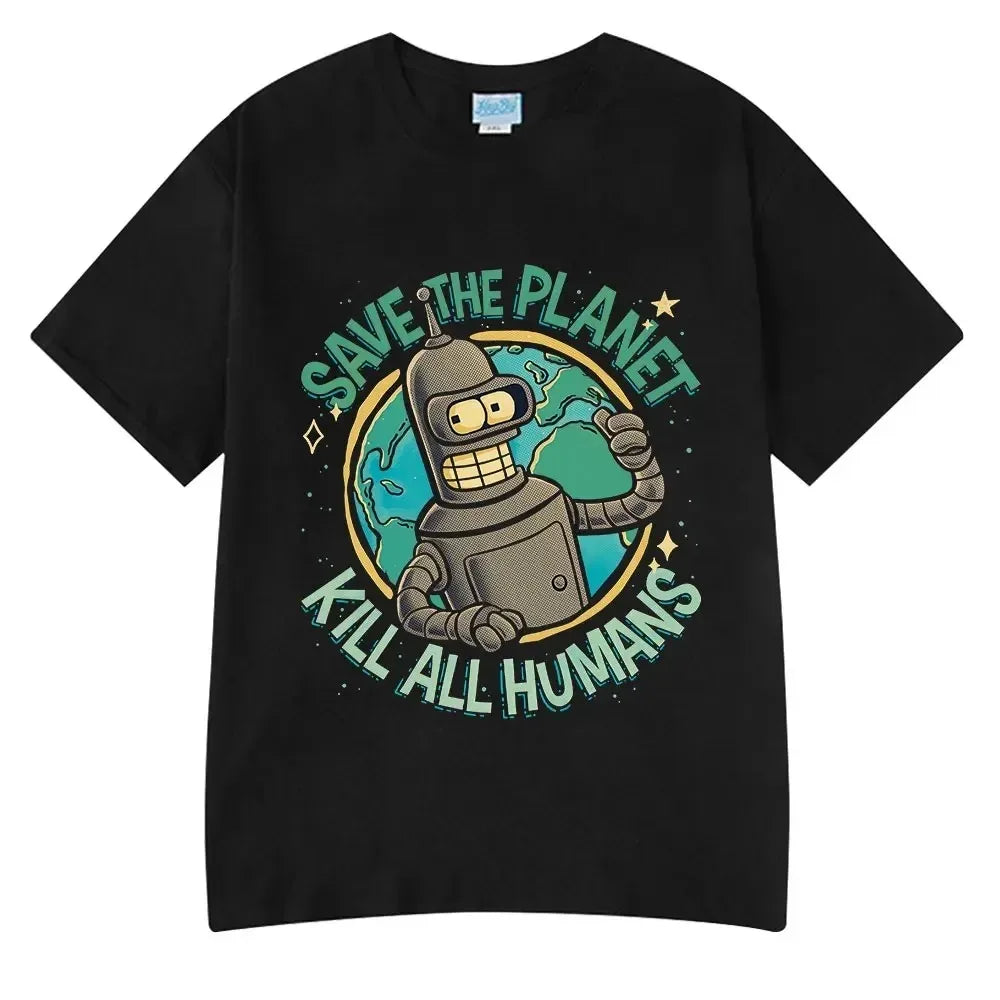 Summer Fashion Hot Save The Planet Kill All Humans Funny Tops Robot Print Oversized T-Shirts Men Women Short Sleeve Cotton Tops
