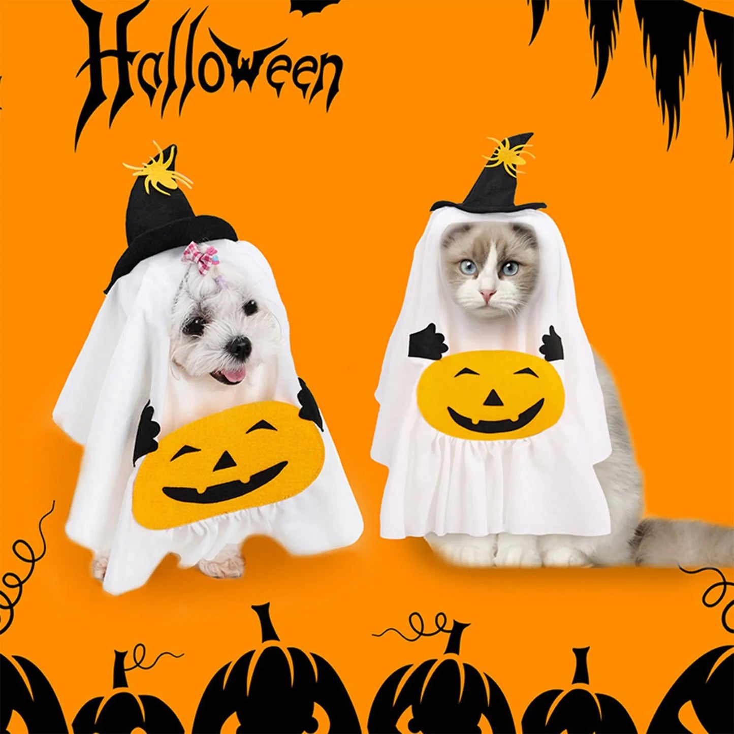 Halloween Pet Ghost Pumpkin Costume Adorable Pumpkin Pet Costume for Dogs and Cats Fun Trick-or-Treat Pet Costumes Easy To Wear