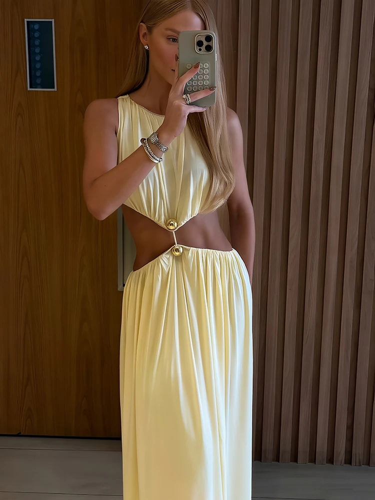 Weird Puss Waistless Chic Dress Women Metal Trim Sleeveless O-Neck Skinny Elegant Summer Hipster Prom Party Vacation Vestidos