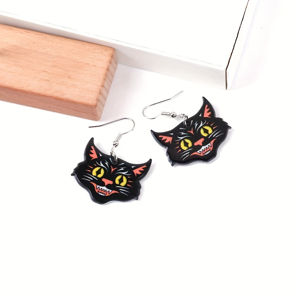 Black Cat Head Pendant Acrylic Earrings Dangle Earrings Drop Earrings Hook Earrings Halloween Jewelry Accessories For Women