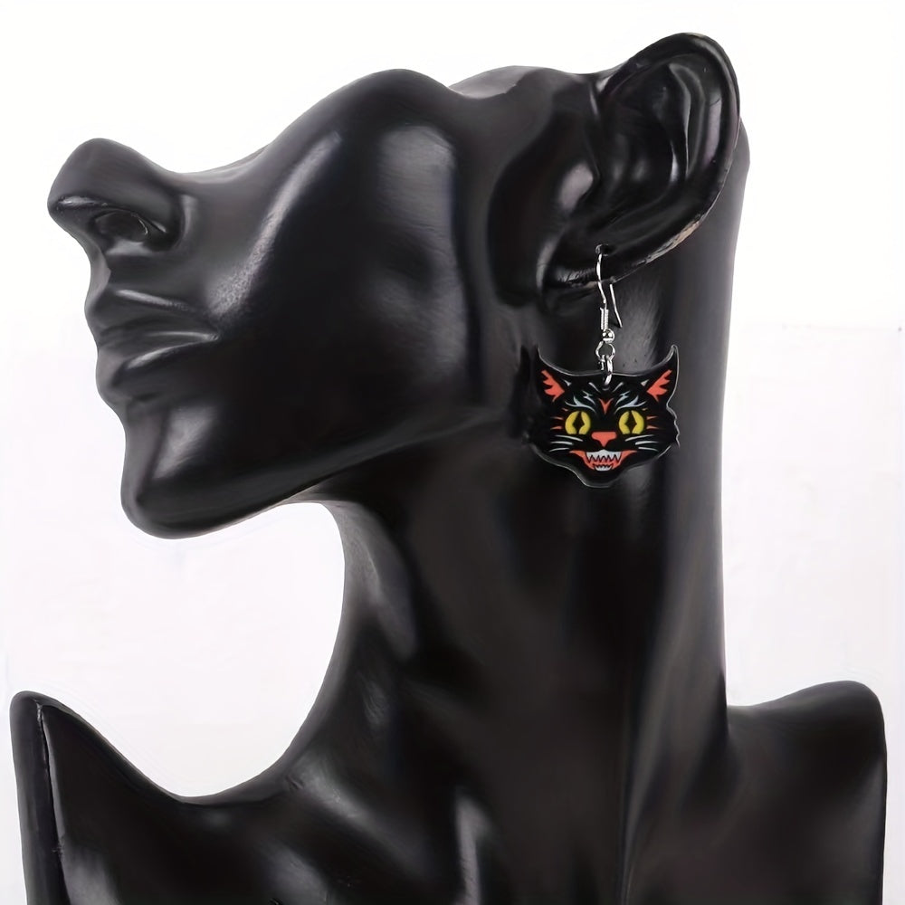 Black Cat Head Pendant Acrylic Earrings Dangle Earrings Drop Earrings Hook Earrings Halloween Jewelry Accessories For Women
