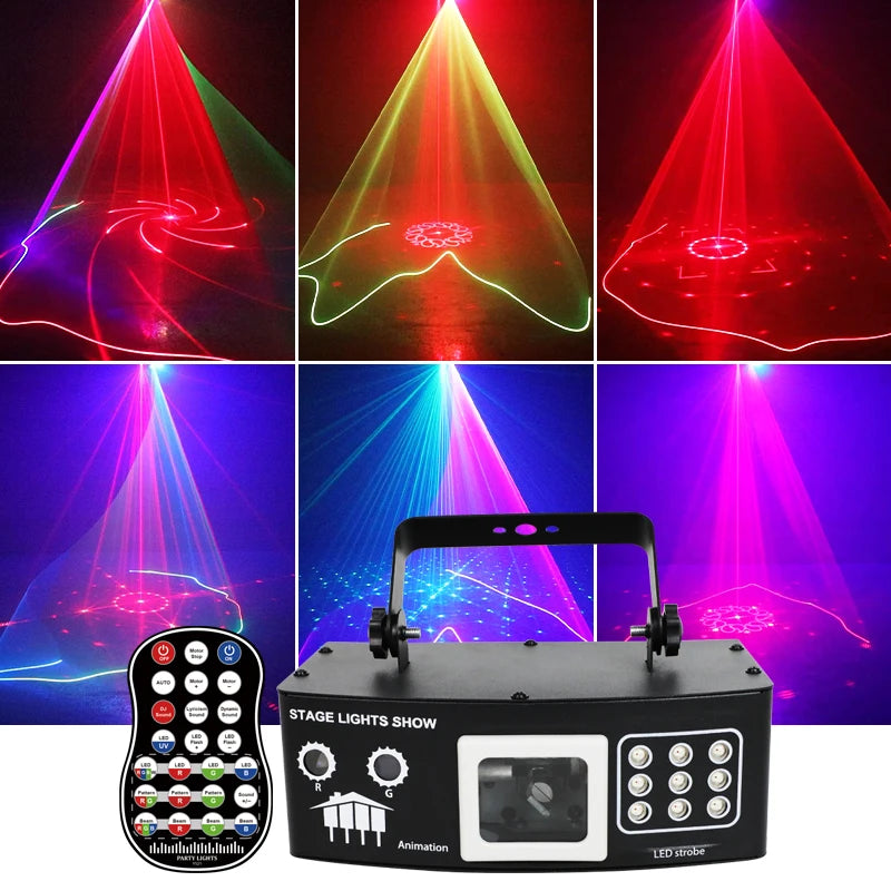 12 Lens DJ Disco Party Stage Light Strobe Laser LED with Remote Control Sound DMX RGB for Indoor Bar KTV Music Show Parties