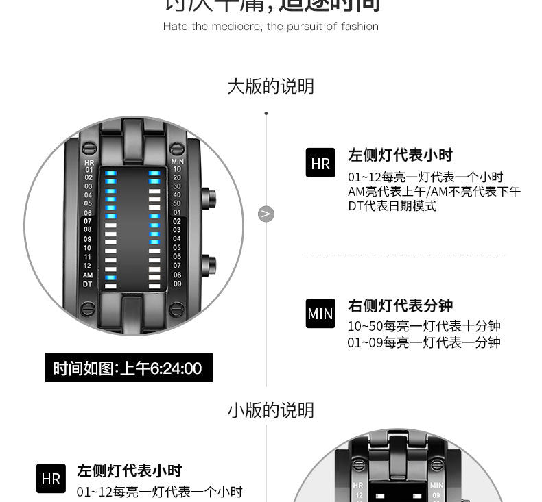 Men Watch 50m Waterproof Lava Watch Double Row Lamp Led Watch Male Binary Steel Band Electronic Sport Watch Relogios Masculino