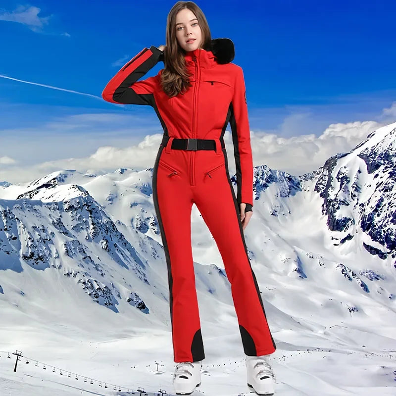 2025 Winter One-Piece Ski Suit Thickened Thermal Overalls Snowboard Jacket Jumpsuits Slim Fitting Ski Set Wind Proof Waterproof