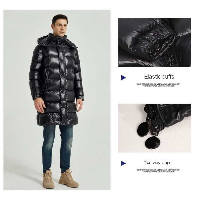 Black Glossy Mans Long Down Jacket - Suitable For -30°C, Windproof Men's Padded Jackets, Streetwear-inspired Padded Snow Coat