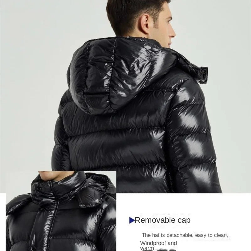 Black Glossy Mans Long Down Jacket - Suitable For -30°C, Windproof Men's Padded Jackets, Streetwear-inspired Padded Snow Coat