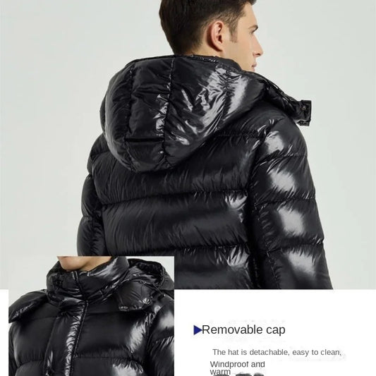 Black Glossy Mans Long Down Jacket - Suitable For -30°C, Windproof Men's Padded Jackets, Streetwear-inspired Padded Snow Coat