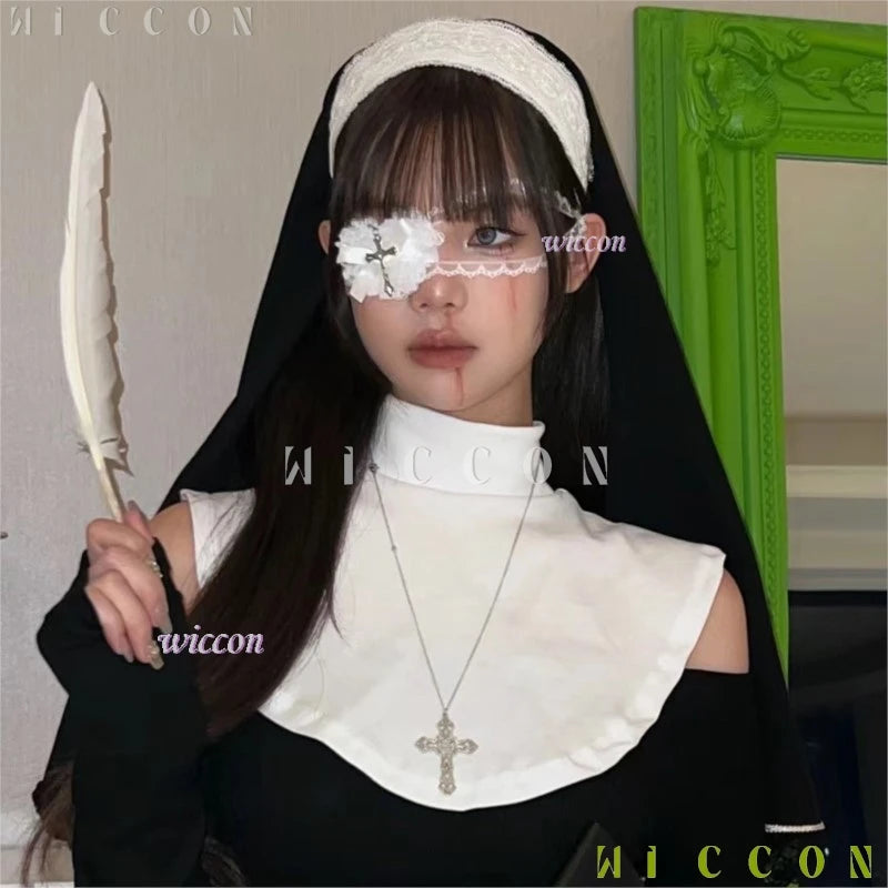 Halloween costumes ‌‌‌‌‌‌BGothic Lolita Nun Accessory Lace Eye Mask with Heart Halloween Cosplay Accessory disfraz halloweeen