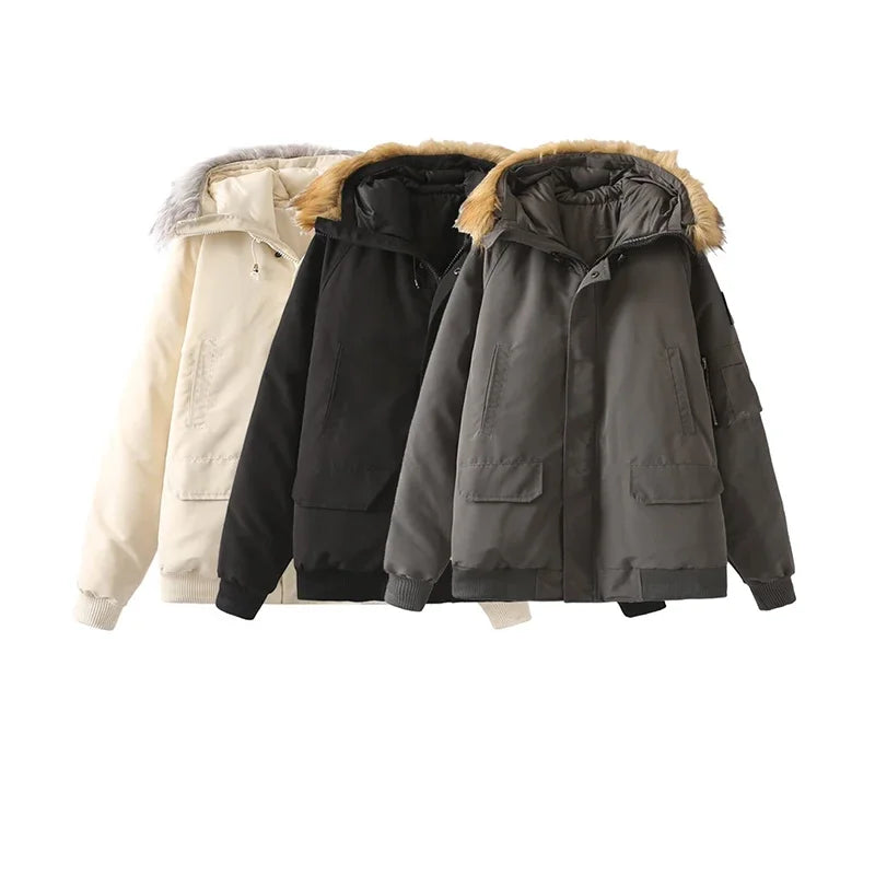 Winter New Women's Big Fur Snow Parka Simple and Versatile Vintage Cold Thicken Warm Fur Collar Hooded Cotton Padded Jacket