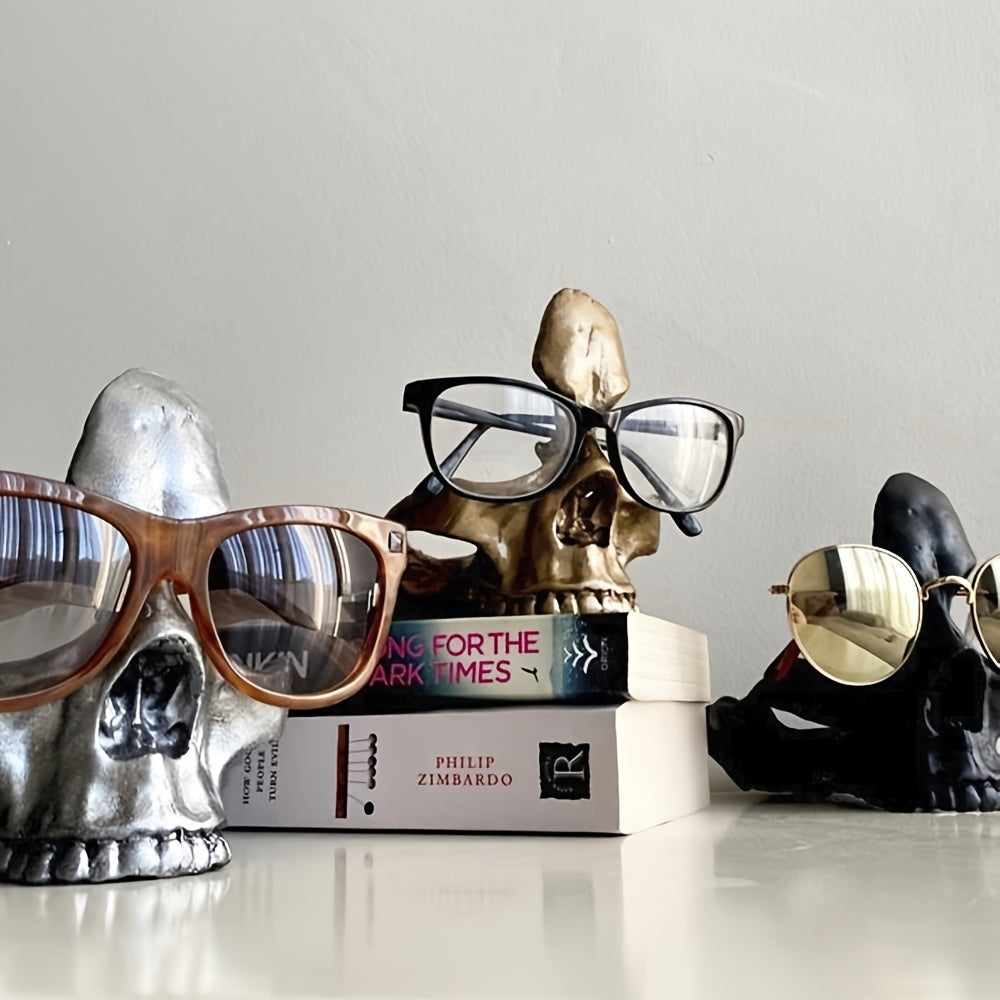 1pc Gothic Skull Glasses Holders, Skull Statues Eyewear Stand Crafts Tabletop Desktop Ornament, For Home Office Room Decor Birthday Halloween (4.8*5.6*5.6in), Day Of The Dead Decor
