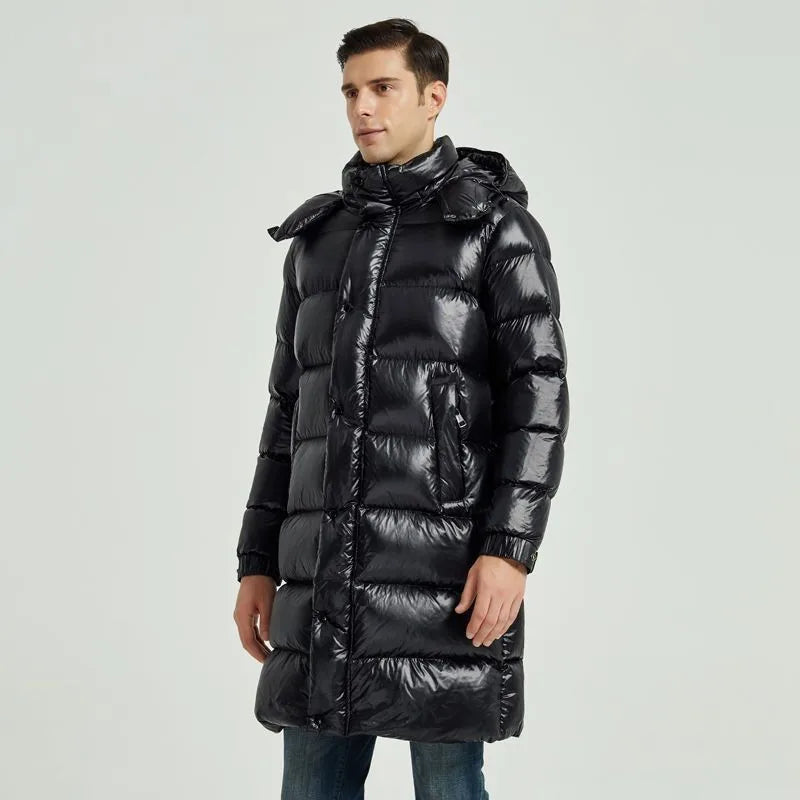 Black Glossy Mans Long Down Jacket - Suitable For -30°C, Windproof Men's Padded Jackets, Streetwear-inspired Padded Snow Coat