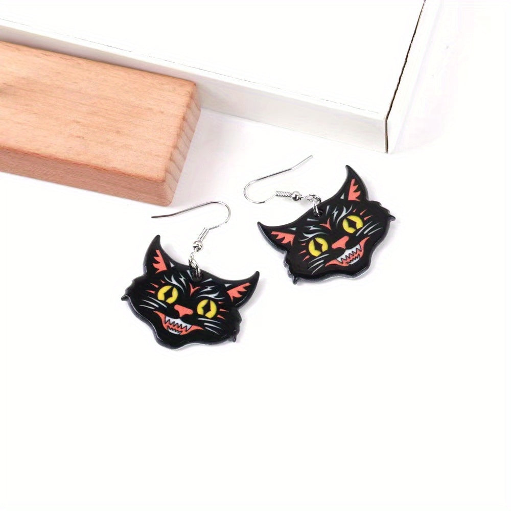 Black Cat Head Pendant Acrylic Earrings Dangle Earrings Drop Earrings Hook Earrings Halloween Jewelry Accessories For Women