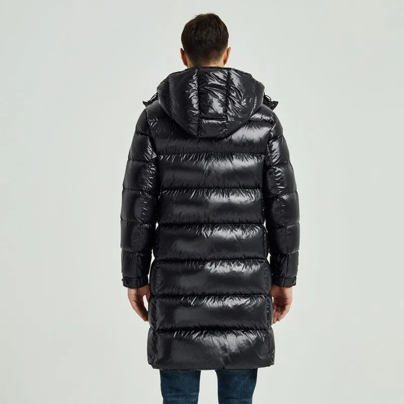 Black Glossy Mans Long Down Jacket - Suitable For -30°C, Windproof Men's Padded Jackets, Streetwear-inspired Padded Snow Coat