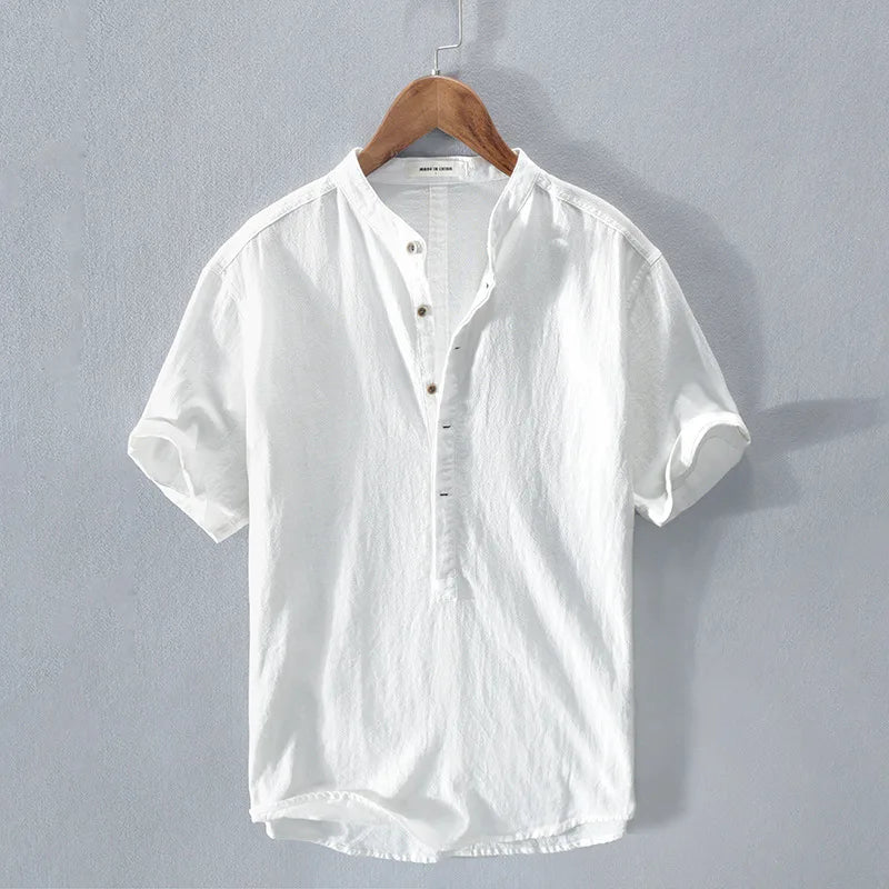 2025 Summer New 100% Cotton and linen Fabric T-shirt Men High Quality Solid Color Drop Sleeve Loose Tshirts Oversize Tops V-neck