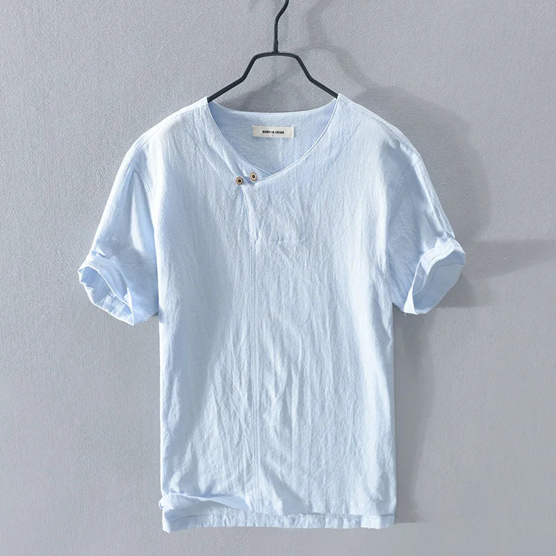 2025 Summer New 100% Cotton and linen Fabric T-shirt Men High Quality Solid Color Drop Sleeve Loose Tshirts Oversize Tops V-neck