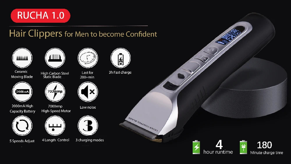 Hair Trimmer Rechargeable Electric Hair Clipper Ceramic Blade LCD Display Salon Men Hair Cutting Machine