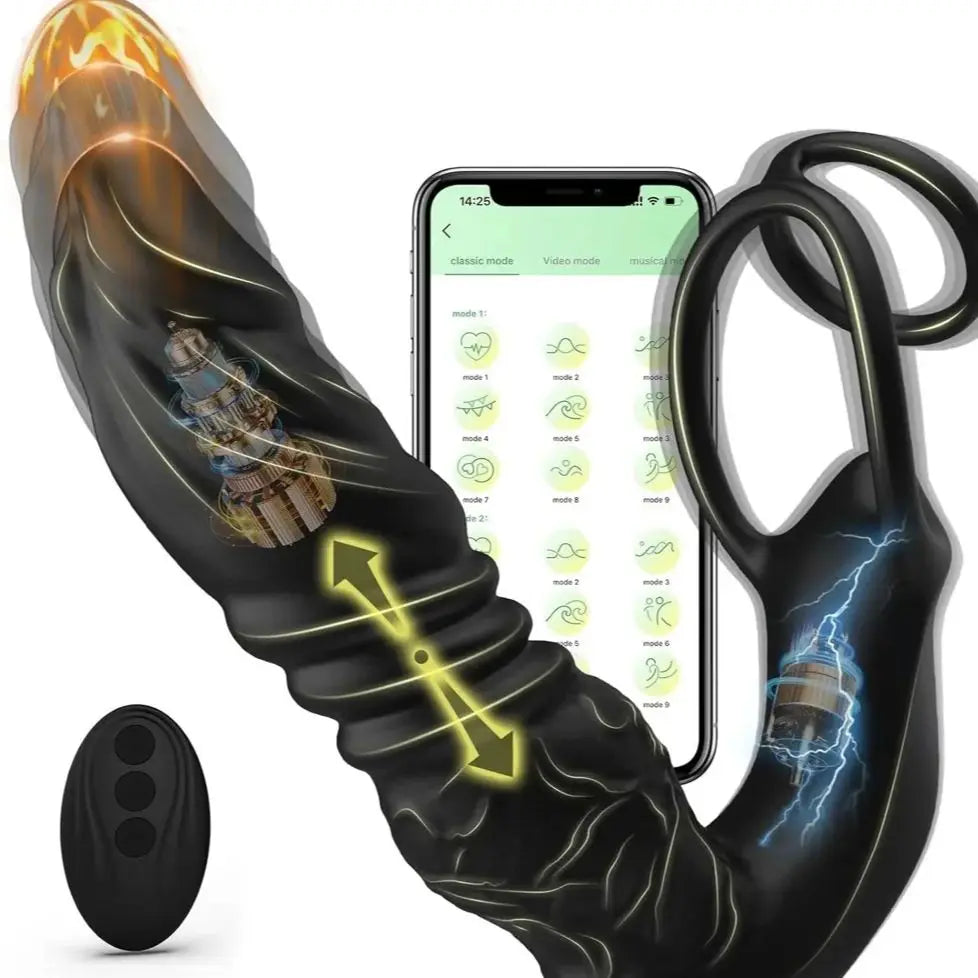 Male Sex Toy for Man Gay Couple Pleasure，5-in-1 Prostate Massager Thrusting Anal Vibrator ，Dual Silicone Cock Ring with APP&Re