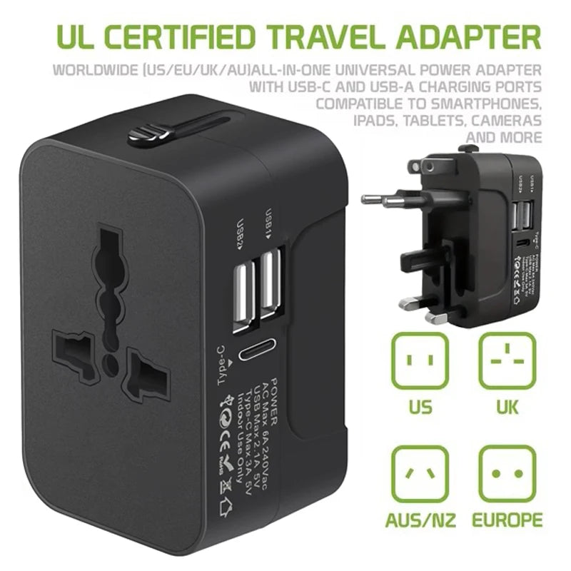 Universal travel plug charger adapter with 2 USB ports/Type-C ports, power outlet converter adapter covering over 150 countries.