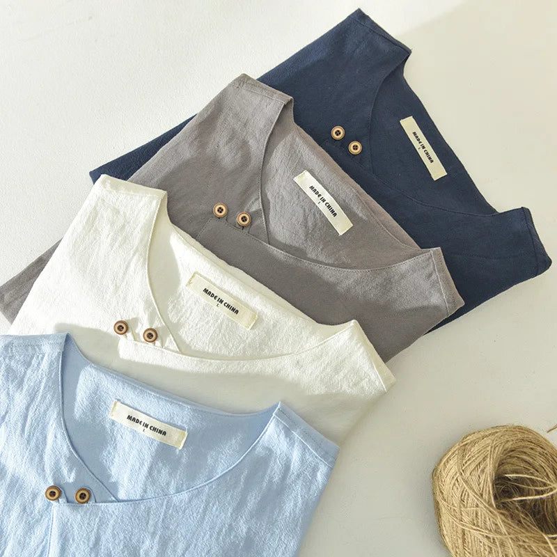 2025 Summer New 100% Cotton and linen Fabric T-shirt Men High Quality Solid Color Drop Sleeve Loose Tshirts Oversize Tops V-neck