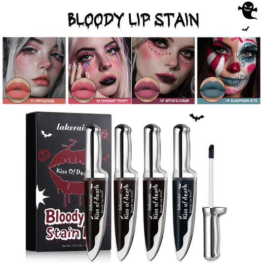 Lakerain 4pcs Kiss of Death Lip Stain Kit  Blood-stained Lip Look Long Water Proof Matte  DEVILS KISS WITCH'S CURSE Gothic Makeu
