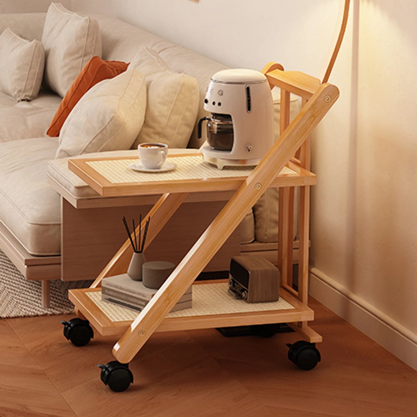 Foldable Bedside Table Storage Rack with Wheel 2-Layer Coffee Table Storage Sofa Bookcase Floor-Standing Bedroom Snack Push Cart