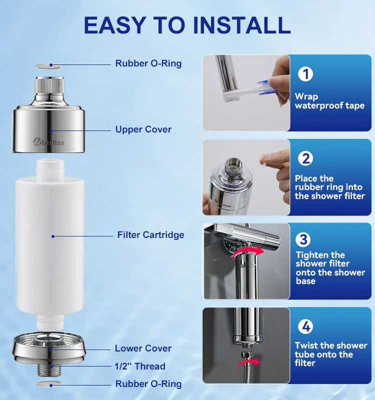 Wheelton Household Shower Water Filter - Filter Water Reduces Chlorine Heavy Metal  Sediment Improves Dry Itchy Skin & Hairloss