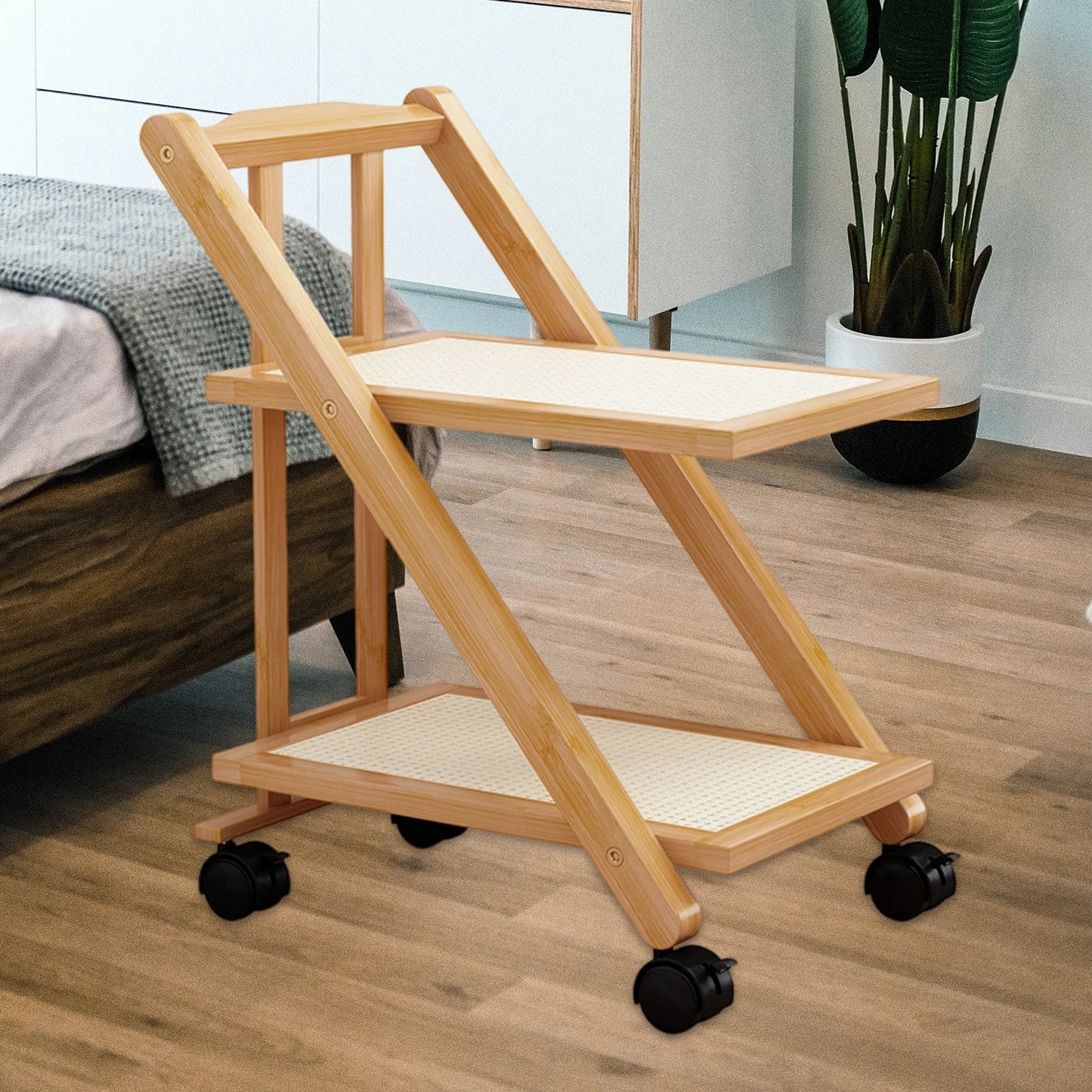 Foldable Bedside Table Storage Rack with Wheel 2-Layer Coffee Table Storage Sofa Bookcase Floor-Standing Bedroom Snack Push Cart