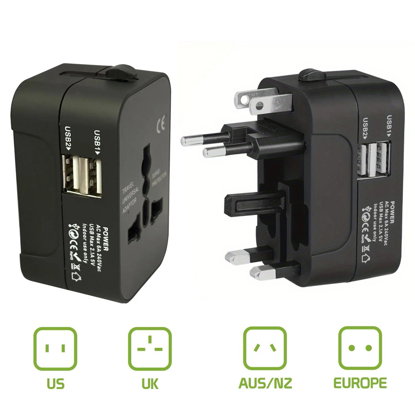 Universal travel plug charger adapter with 2 USB ports/Type-C ports, power outlet converter adapter covering over 150 countries.