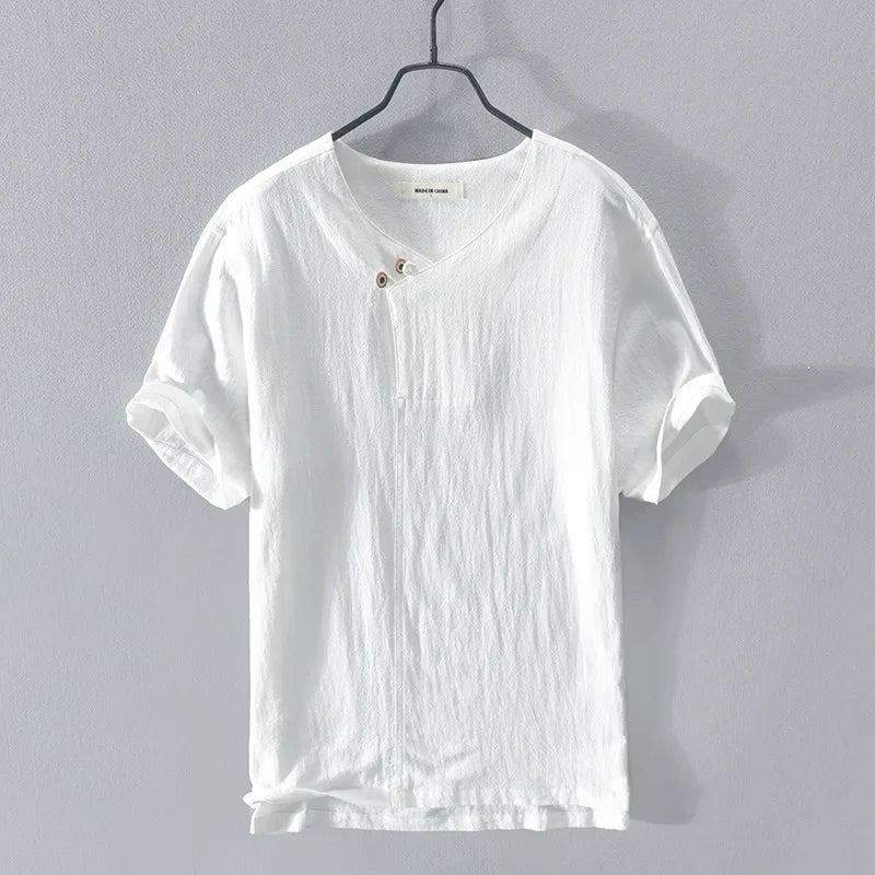 2025 Summer New 100% Cotton and linen Fabric T-shirt Men High Quality Solid Color Drop Sleeve Loose Tshirts Oversize Tops V-neck