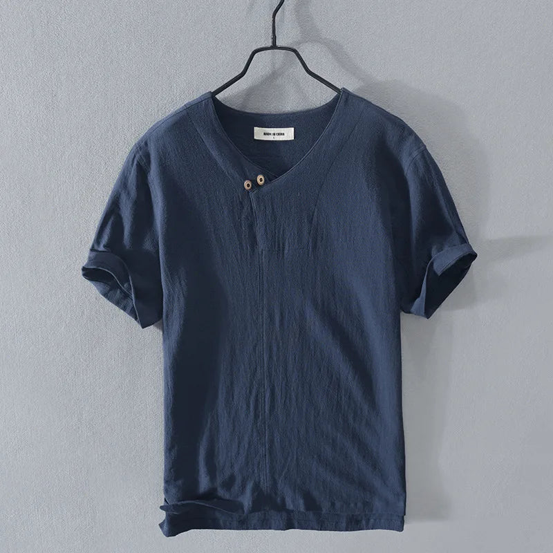 2025 Summer New 100% Cotton and linen Fabric T-shirt Men High Quality Solid Color Drop Sleeve Loose Tshirts Oversize Tops V-neck