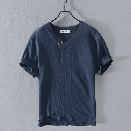 2025 Summer New 100% Cotton and linen Fabric T-shirt Men High Quality Solid Color Drop Sleeve Loose Tshirts Oversize Tops V-neck