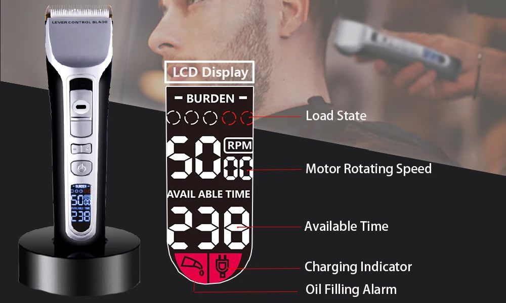 Hair Trimmer Rechargeable Electric Hair Clipper Ceramic Blade LCD Display Salon Men Hair Cutting Machine
