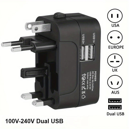 Universal travel plug charger adapter with 2 USB ports/Type-C ports, power outlet converter adapter covering over 150 countries.